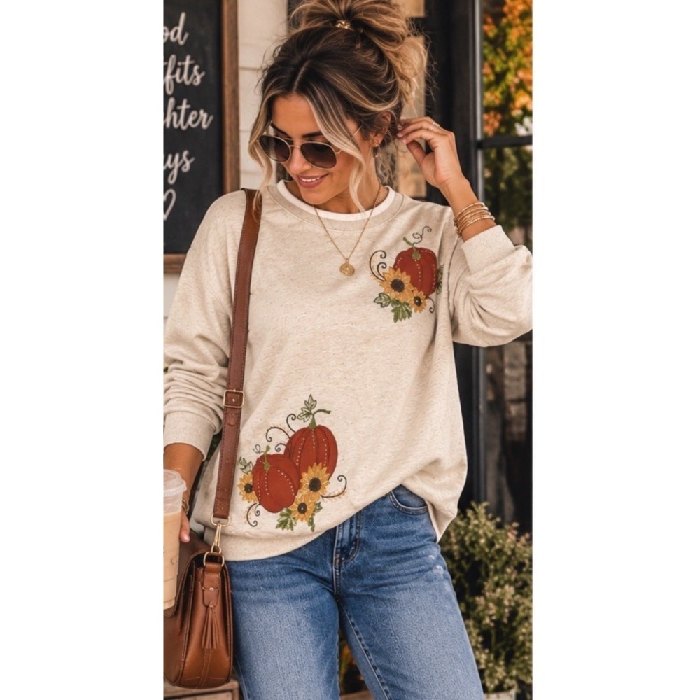Alfred Dunner Womens L Pumpkin Sunflower Sweatshirt Cottagecore Grannycore Fall